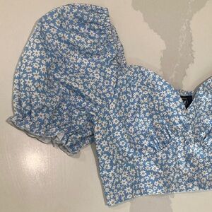 Cider Blue Floral Puff-Sleeve Crop Top